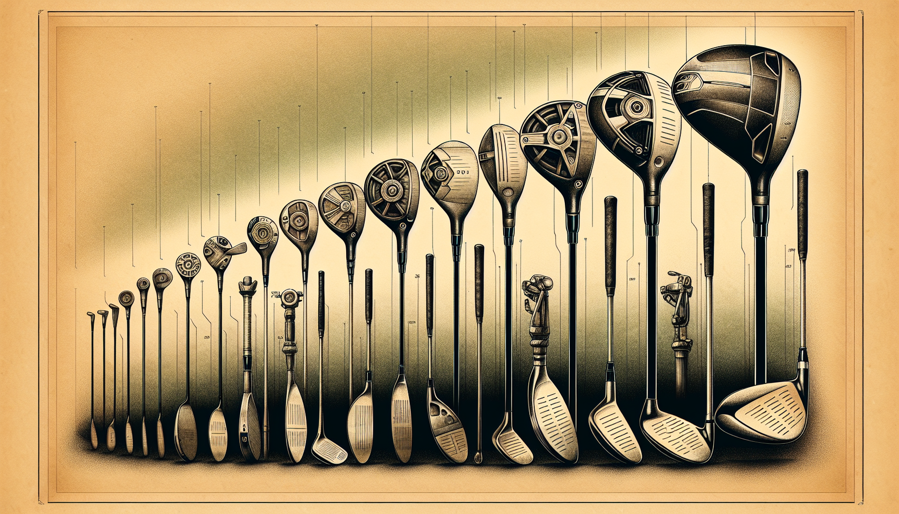 Evolution of golf drivers illustrated from wooden clubheads to modern metal designs