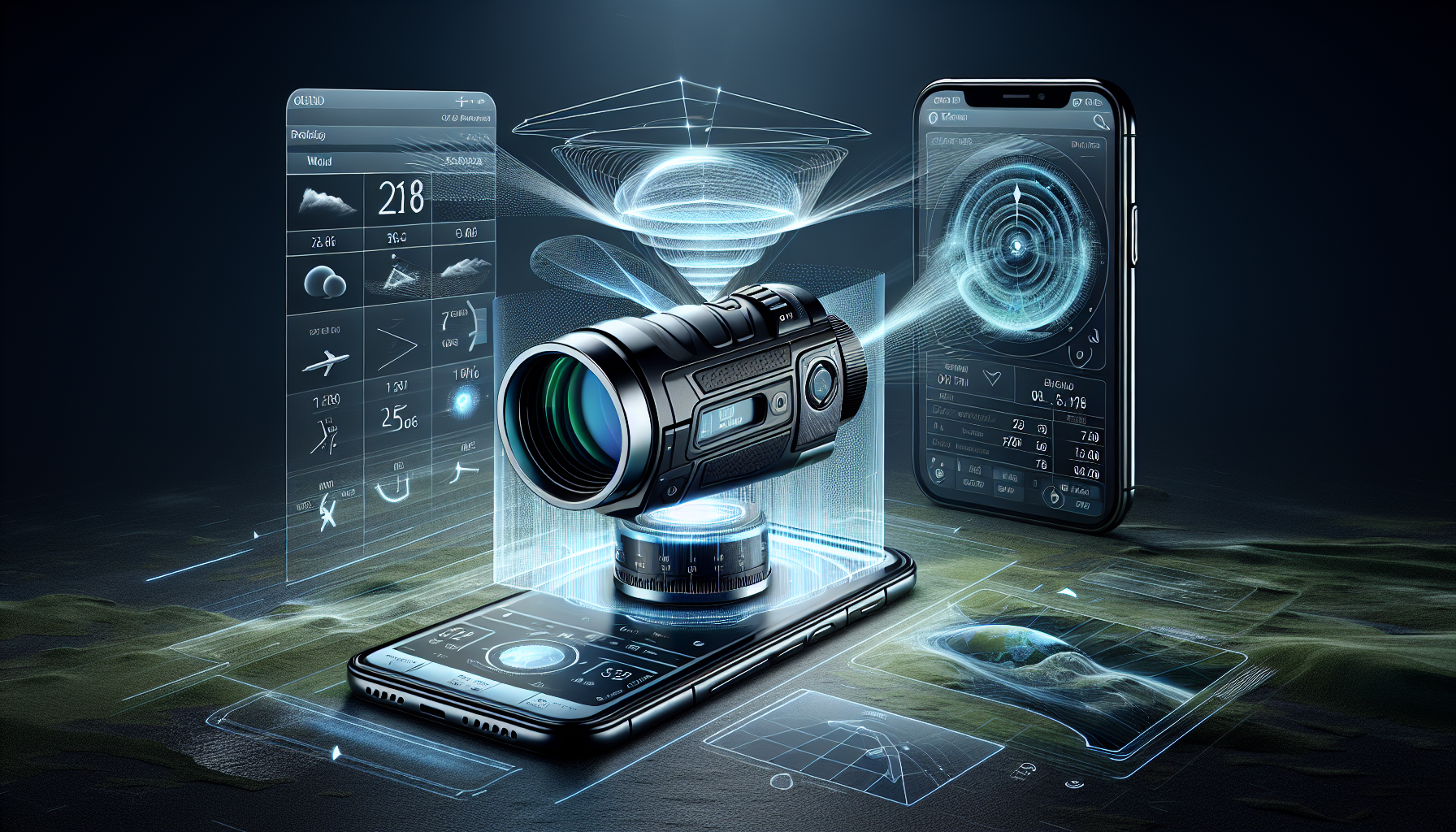 Illustration of the Precision Pro R1 Smart rangefinder and its accompanying app