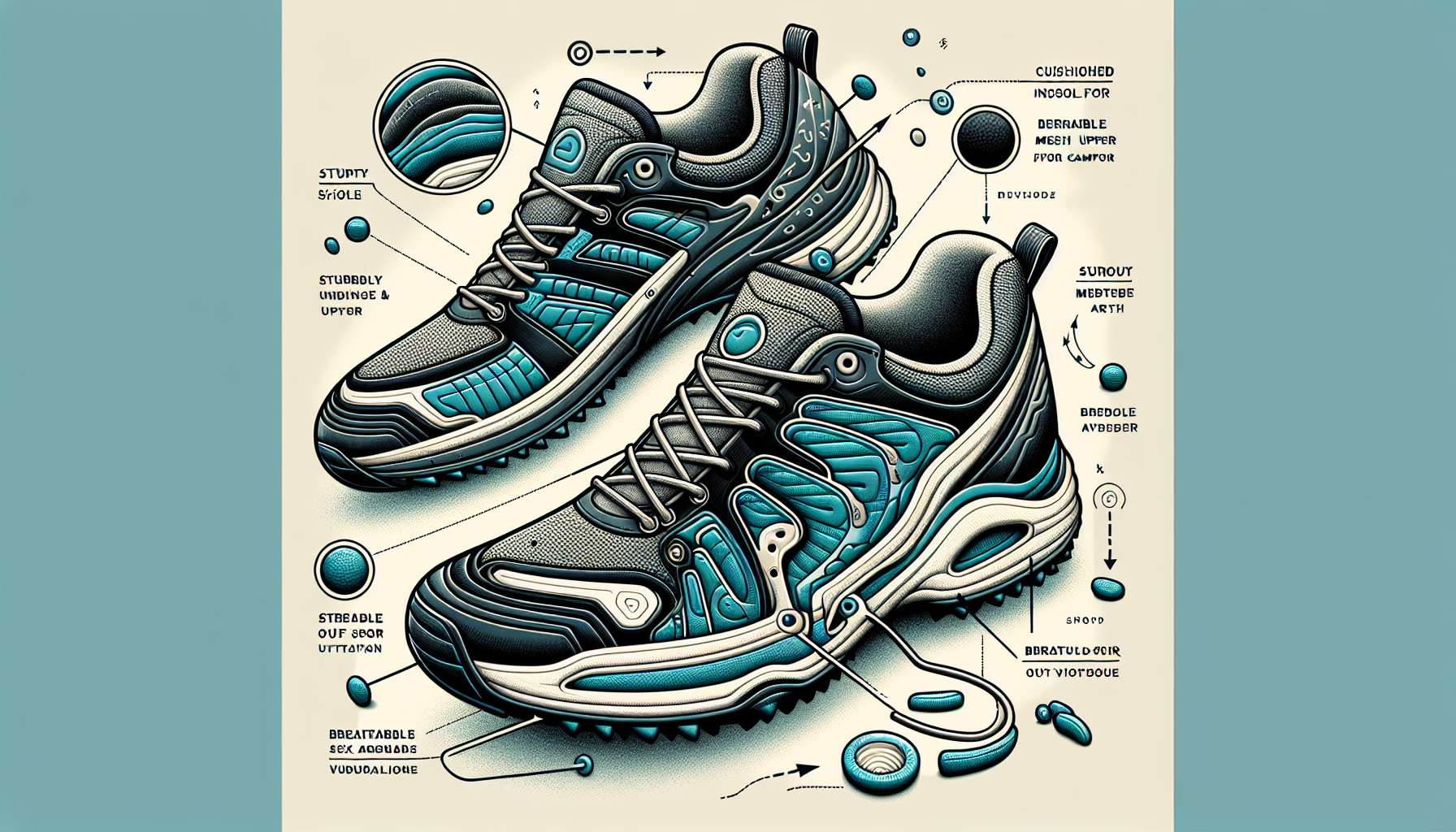 Illustration of key features in walking golf shoes